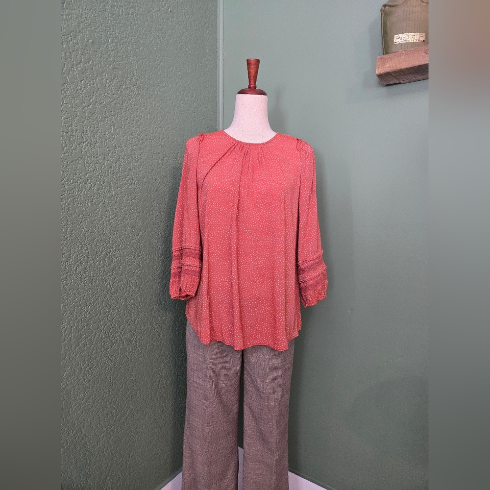 Size Large Lauren Conrad Burnt Umber Lace And Ruffle Trimmed 3/4 Sleeve Blouse - Picture 2 of 9